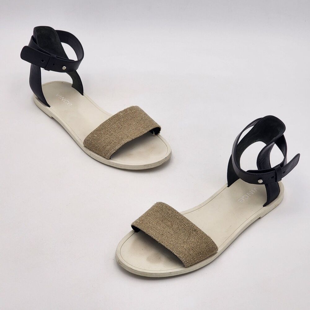 Vince Sawyer Leather Ankle Wrap Flat Sandals White Black Neutral Tan Size 7.5